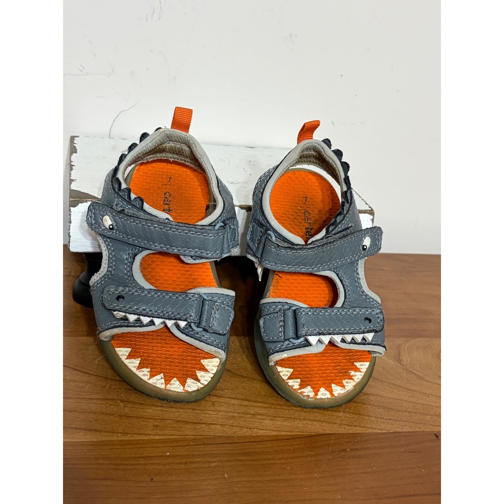 Carters Toddler Boys Shark Sandals Grey Orange Funny-CR Size 7 Hook Loop Strappy